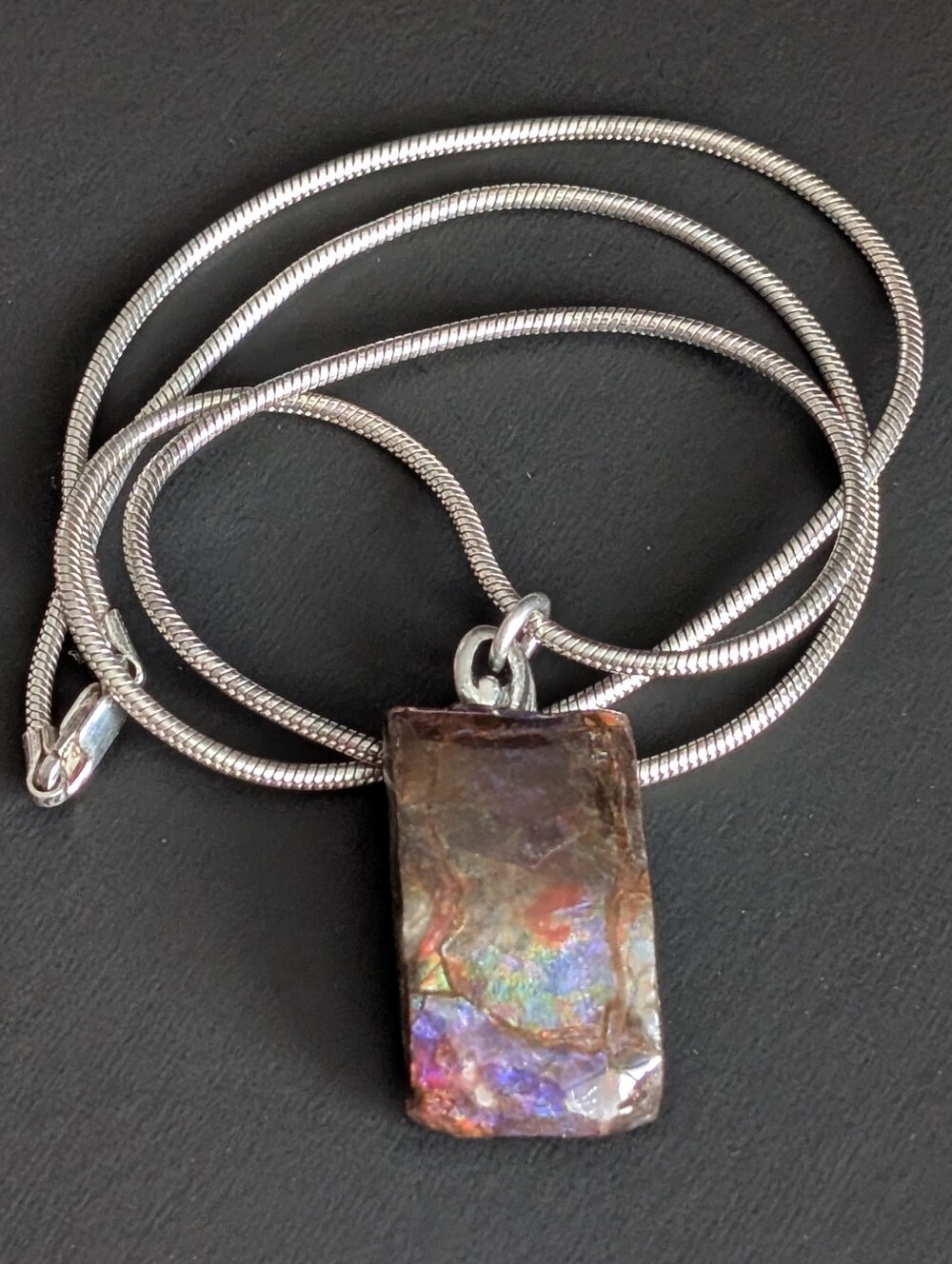 Beautiful Freeform Multi Color - Blue, Purple, Green Ammolite On Silver Chain!